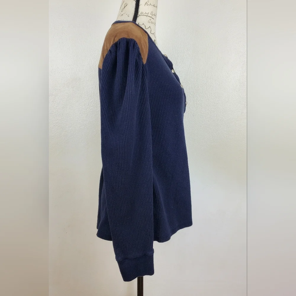 Tommy Hilfiger Henley Top Women’s XL Navy Waffle Knit Long Sleeve Pullover - Picture 4 of 12